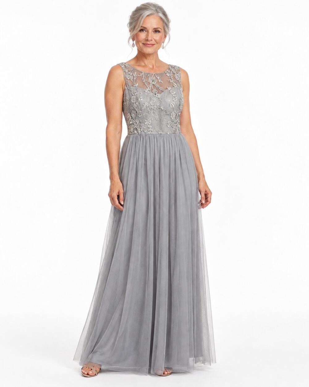 Candalite Gray Embroidered Sequin Tulle Gown XL 42 Bust